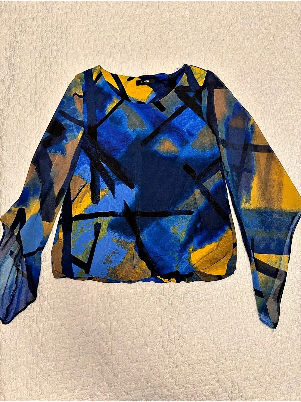 Alfani Abstract Long Sleeve Blouse in Blue & Yellow
